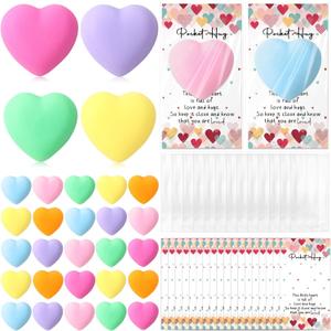 Skylety 28 Sets Pocket Hug Gifts Bulk Colorful Squishy Heart Stress Ball with Pocket Hug Card for Employees Coworker Office Staff Emotional Friendship Gifts