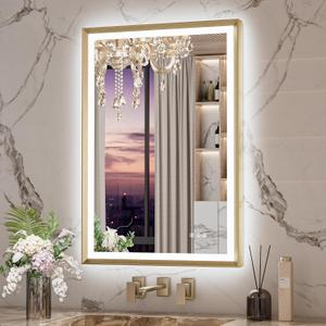 Keonjinn Gold LED Bathroom Mirror 24 x 36 Inch with Frontlit & Backlit, Lighted Mirrors Metal Framed for Wall, Stepless 3 Colors Lights, Anti Fog, Tempered Glass, Brighter and No Dark Corner
