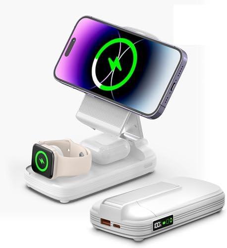 10000mAh Portable Charger Power Bank for iPhone 15/14/13/12 Series & Apple Watch & Airpods, 3 in 1 Charging Station for Apple Devices, Battery Pack for iPhone, Foldable, White