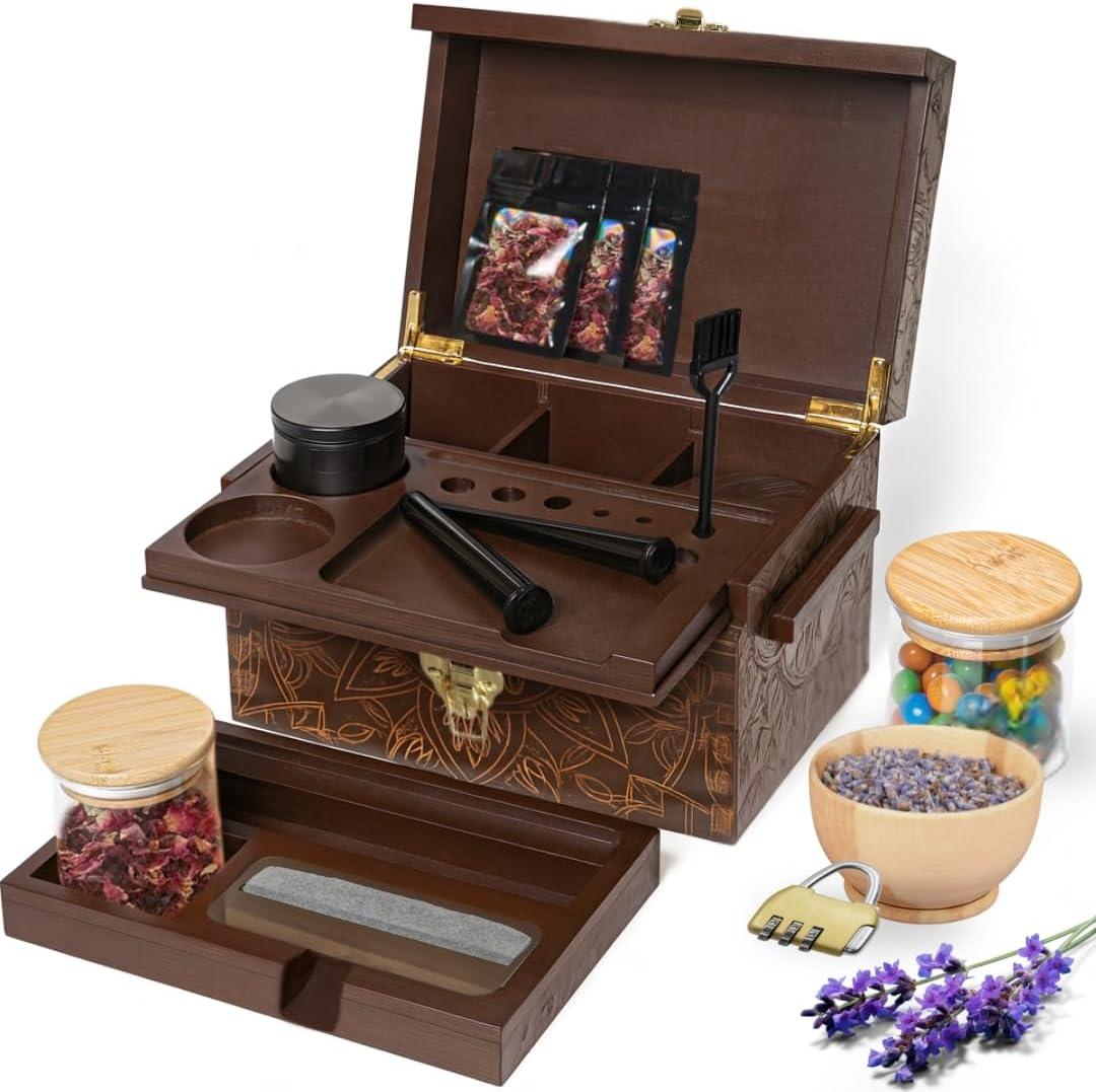 Stash Box Bamboo Storage Box with Combination Lock  Wooden Organizer Box with Removable Tray, Glass Jars & Accessories, Decorative Lockable Bamboo Box with Lid,Home Kitchen Pantry Stashbox Dark Brown