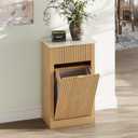 Tilt Out Trash Can Cabinet,10 Gallon Fluted Laundry Hamper Cabinet with Drawer,Freestanding Wooden Hidden Garbage Can Cabinets with Laundry Storage Basket for Kitchen,Bathroom and Living Room,Natural (Single)