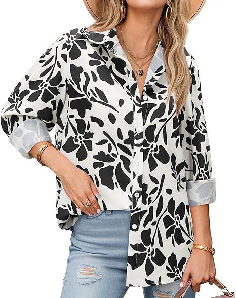 Gleeivy Floral Blouses for Women Dressy Casual Chiffon Button Down Shirts Hawaiian Printed Boho Tops Tunic Trendy 2025 (3XL)