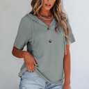 Dokotoo Womens Summer Tops Waffle Knit Short Sleeve Lightweight Drawstring Hoodies Button V Neck Casual Blouses Shirts (Green, M)
