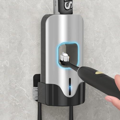 TuCao Automatic Toothpaste Dispenser Wall Mounted - Smart Touchless Toothpaste Squeezer with 3 Adjustable Levels, 2 Toothbrush Holders- for Kids and Adults, Bathroom Essentials