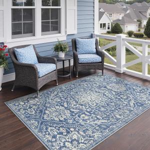 GENIMO 9x12 Outdoor Rug, Washable Quick Dry for Patio, Navy Blue & Ivory