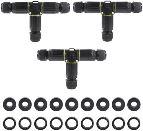 MELIFE 3PCS IP68 Waterproof Electrical Cable Connector, Outdoor 3 Pin T Shape Junction Box, Electrical Wire Connector for 5-9mm/9-12mm Wire Range