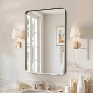 Kosmonia 30"x20" Bathroom Mirror, Large Brushed Nickel Rounded Rectangle Vanity Mirror, Anti-Rust Wall Mounted, Aluminum Frame, Tempered Glass, Hangs Horizontally or Vertically