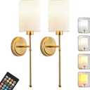 Battery Operated Wall Sconce Set of Two, Gold Wireless Rechargeable Wall Light with Remote Control, Dimmable, Amber/Warm/Natural/Cool White, RGB, Battery Power Sconces for Living Room Bedroom