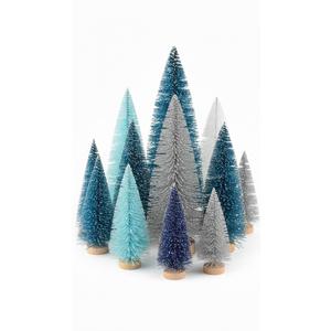 Leyndo 9 Pcs Blue Classic Artificial Mini Christmas Tree Sisal Bottle Brush Trees with Wood Base Christmas Pine Trees for Autumn Winter Holiday Home Kitchen Party Decor