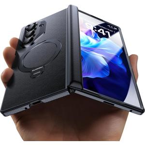 for Samsung Galaxy Z Fold 7 Case - Luxury Leather Texture Zflold 7 Case with Screen Protector, Kickstand and 360 Ring Holder Black