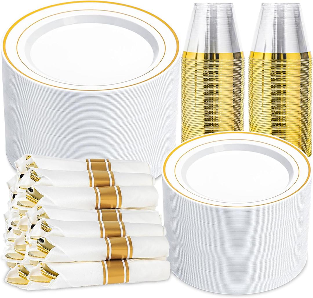 350 PCS White and Gold Plastic Dinnerware Set for 50 Guests, Disposable Party Plate for 50 Guests, Include: 100 Plastic Plates, 50 Pre Rolled Napkins with Gold Silverware, 50 Cups
