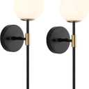 BYOLIIMA Industrial Mid Century Wall Sconce Set of 2 with White Globe Glass Shades Modern Bathroom Vanity Wall Lamp Black and Gold Finished Wall Light Fixture