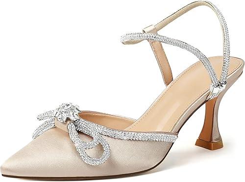 Susanny Women's Closed Toe Rhinstone Wedding Low Heel Slingback Clear Kitten Heels,Adjustable Strap Pointed Toe Bow Pumps High Heeled Prom Dress Shoes, 39