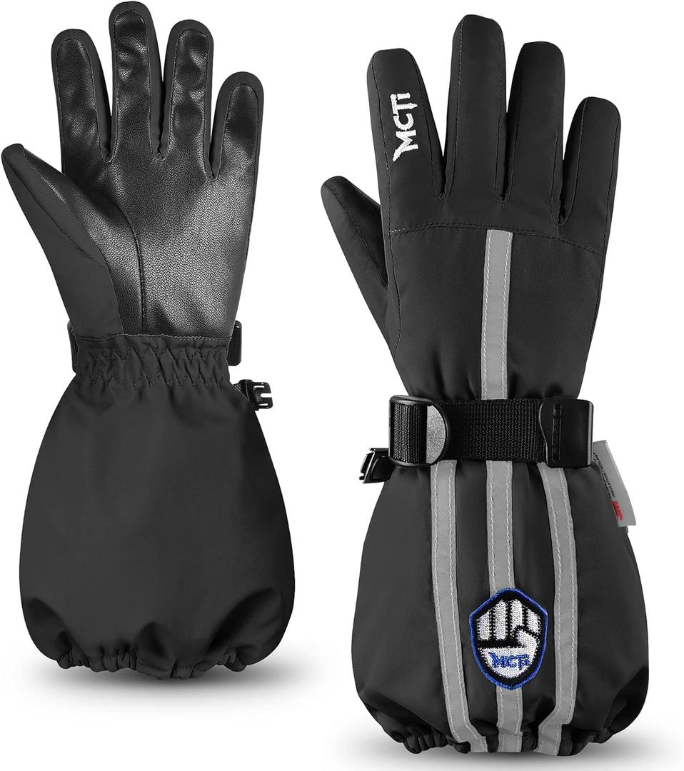 MCTi Kids Gloves Waterproof Winter Warm Snow Ski Gloves Long Cuff Fleece Lined with Reflective Strap (XX-Small(Fits 5-7 years), Black)