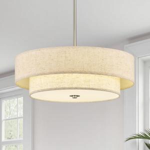VONLUCE Modern Chandeliers, 18" Drum Chandeliers with 2-Layer Fabric Shade, 4-Light Pendant Light Fixture with E26 Base, Light Fixture for Dining Room Bedroom Living Room, Linen Shade & Nickel Finish