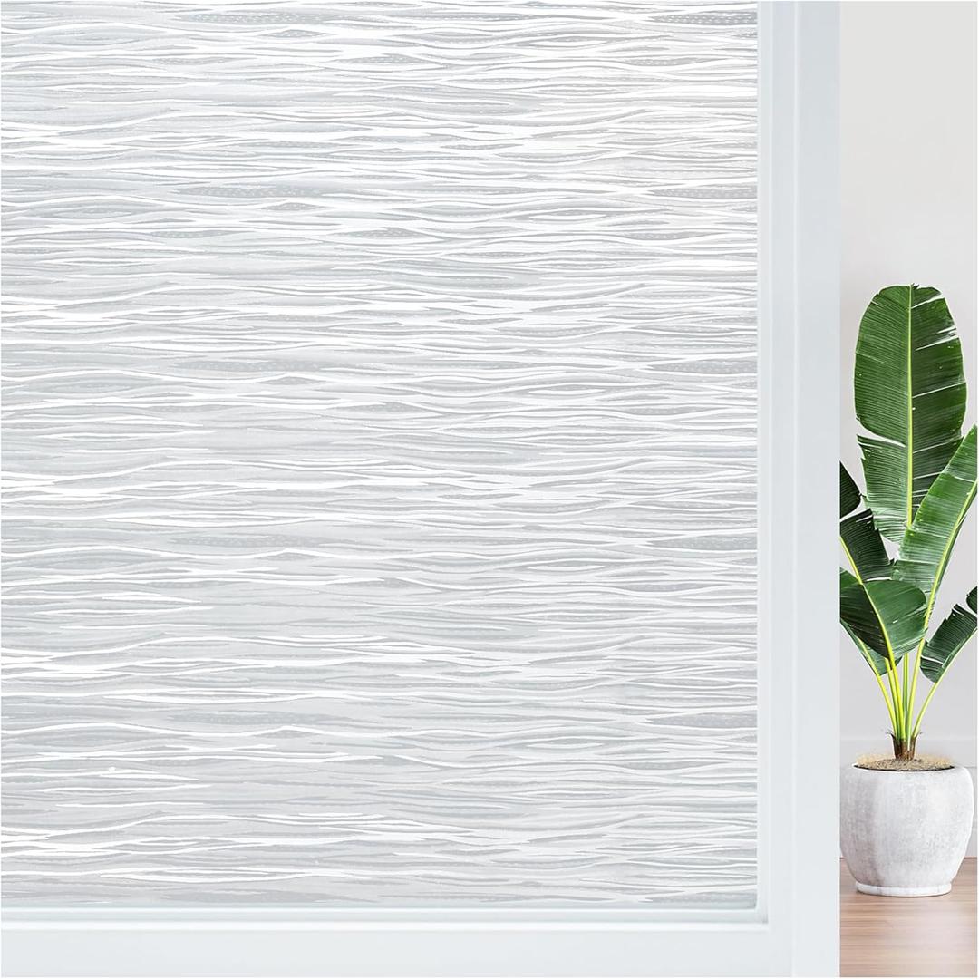 Haton Window Privacy Film, Frosted Glass Privacy Window Clings, Sun Blocking Frosting Opaque Coverings, Static Cling Removable Decorative Stickers for Home Door, Non-Adhesive 17.5" x 118.1" (Pure Wave)
