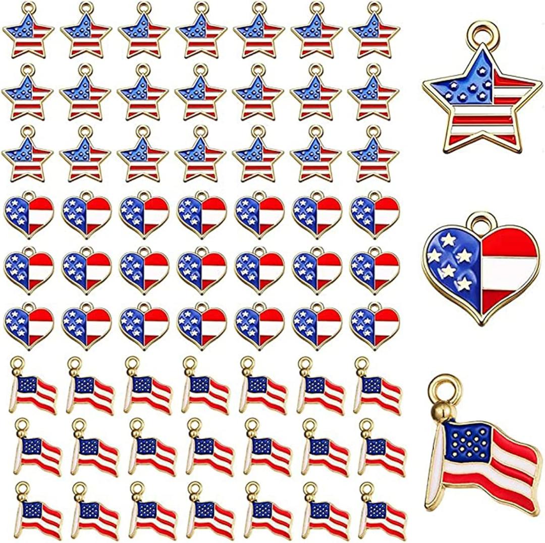 BINBE 90 Pcs American Flag Charms, Pendant Patriotic Enamel Charms for Independence Day 4th of July Flag Dangle Star & Heart Charm Ornament DIY Jewelry Bracelets Necklaces Earrings Head Cords