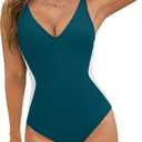 BMJL Women's One Piece Swimsuit Slimming Tummy Control Bathing Suit Deep V Neck Color Block Lace Up Back Swimwear (Blue Green063)