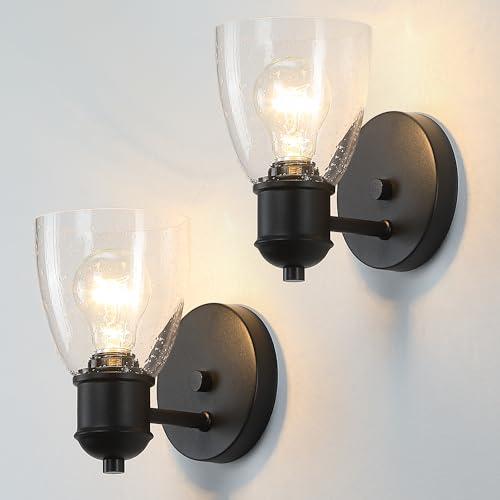 MrSconce Black Wall Sconce Set of Two, Hardwired Wall Lights for Bedroom, Modern Indoor Wall Light Fixtures with Seeded Glass for Bathroom Beside Mirror Living Room Hallway Kitchen