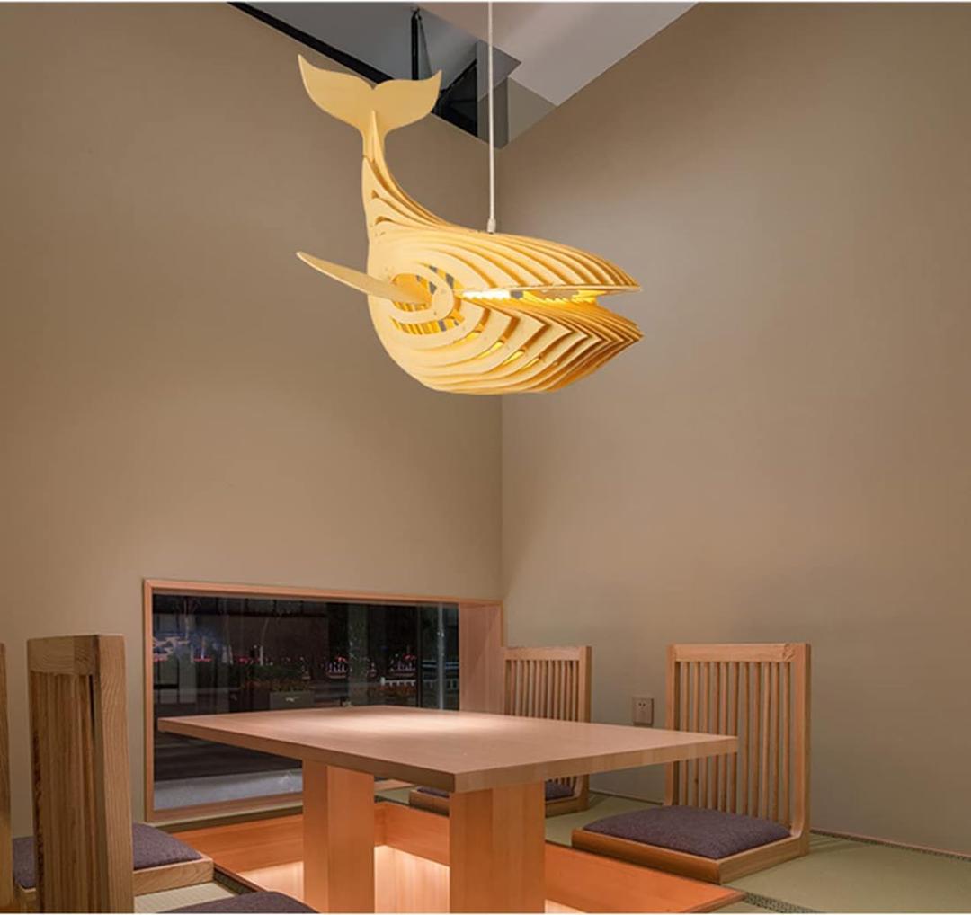 Wood Fish Pendant Light, Whale Shape Design for Kitchen Island Handcrafted Wood Lampshade, Adjustable Height 47 In, Coastal Style, Home and Commerical Decor,3000K Warm Ambient Lighting