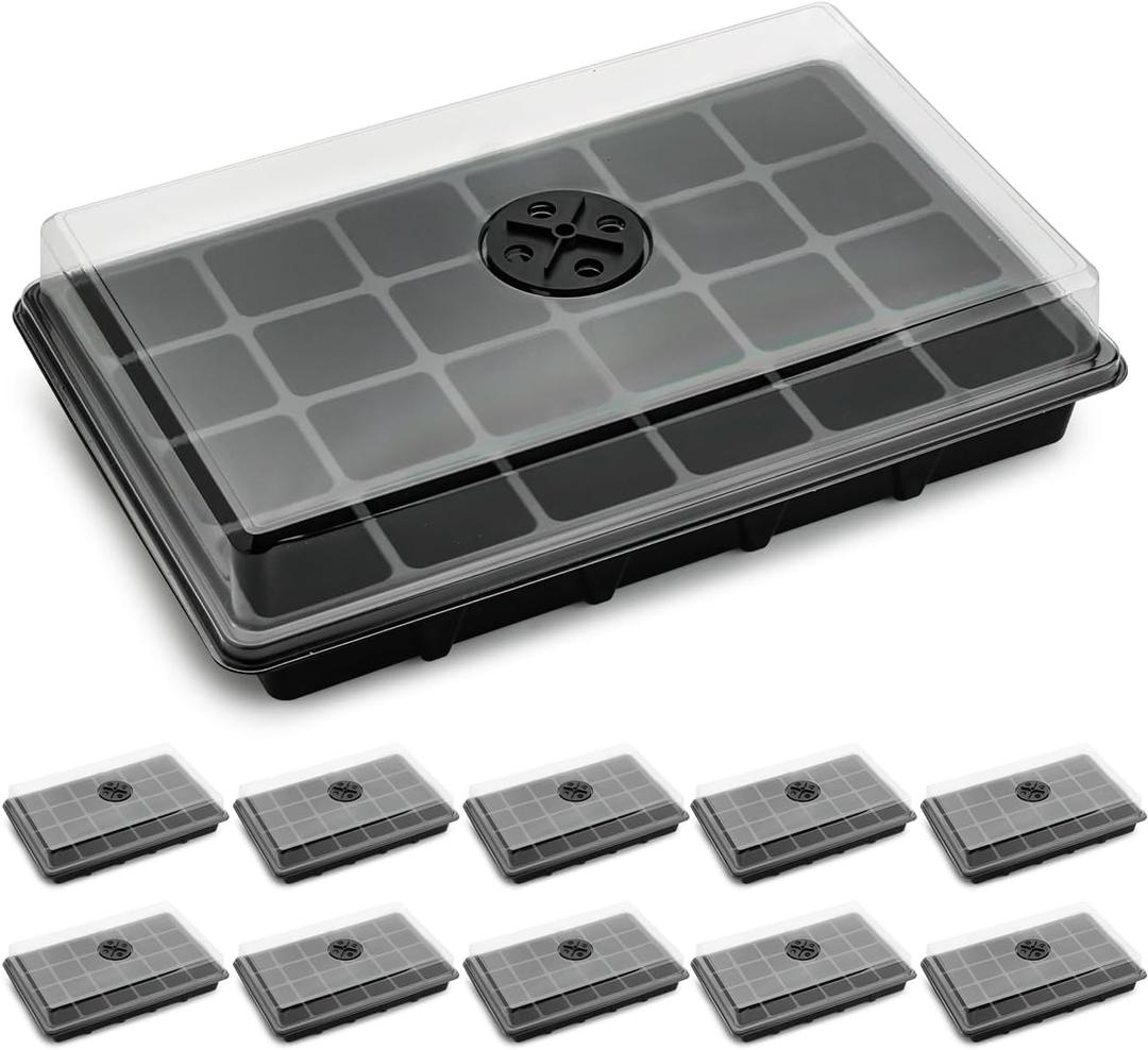 RooTrimmer 10-Pack XL Seed Starter Tray with Dome  24 Large 2" Cells per Seedling Starter Trays (Total 240 Cells), Seed Growing Tray with Humidity Lids for Greenhouse Home Plant Propagation (Black and Clear)