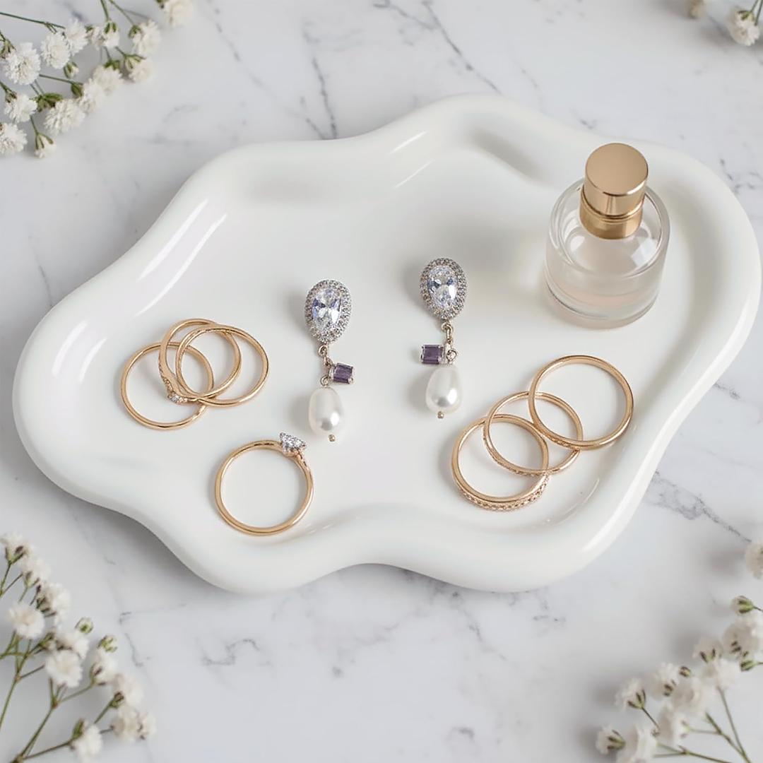 Cloud Ceramic Tray, Glossy White Irregular Jewelry Dish, Luxury Ceramic Ring Holder and Vanity Organizer, Cloud Trinket Plate for Keys, Perfume, or Nightstand Decor