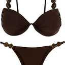 GORGLITTER Women's String Thong Bikini Set High Cut Push Up Triangle Sexy Beaded Swimsuits Bathing Suits (Brown, L)