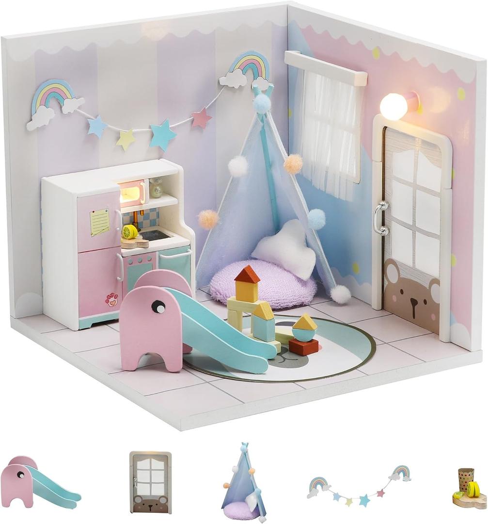 Kisoy Dollhouse Miniature with Furniture Kit, DIY 3D Wooden DIY House Kit A Corner of a Small Apartment Style with Dust Cover & LED,Handmade Tiny House Toys for Kids Adults Gift (Toy Room)