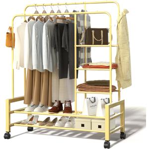 YLGJ& TIDY Expanded Capacity Clothes Rack, Clothing Racks for Hanging Clothes with Double Rods, More Storage Shelves and Hooks, Rolling Rack for Clothes, Heavy Duty Garment Rack Golden (YLYMJG01)