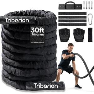Battle Rope for Home Gym Workout - 1.5 Inch 30ft Heavy Weighted Training Exercise Ropes Fitness Equipment with Sleeve and Anchor Strap Kit for Outdoor Working Out (Black)
