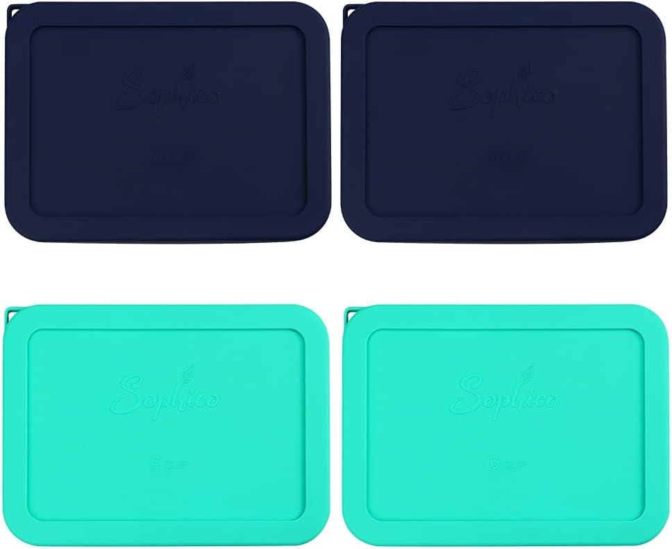 Sophico 6 Cup Rectangle Silicone Storage Cover Lids Replacement for Pyrex 7211-PC Glass Bowls, Container not Included (Navy Blue-Mint)