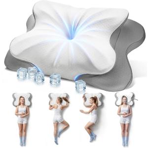 Cervical Pillow for Neck Pain Relief, 4-Height Adjustable Oeko-TEX Memory Foam Contour Pillow for Sleeping, Ergonomic Orthopedic Cooling Neck Pillow for Side Back Stomach Sleepers, Arm Support