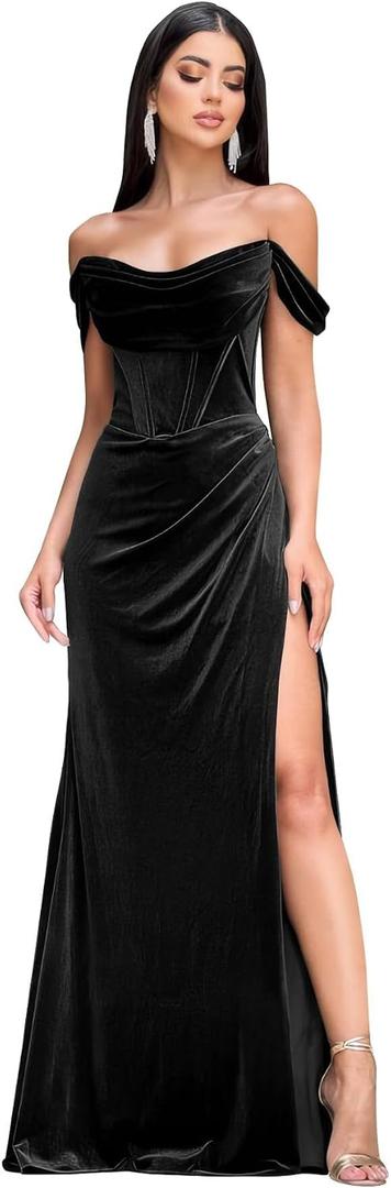 Velvet Long Prom Dresses with Slit 2026 Off Shoulder Mermaid Bridesmaid Dress for Women Wedding Guest Gown, Size 4