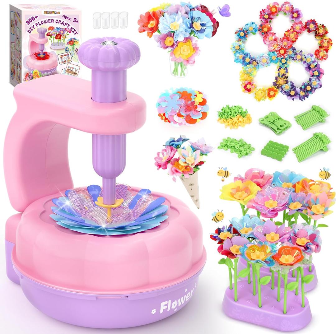 GirlsHome 300+PCS Fabric Flower Bouquets Toys, DIY Flower Making Kit for Kids, Arts and Crafts for Kids, Reusable Educational Preschool Toy, Mothers Day Gift Birthday Gifts for 4 5 6 7 8+ Year Old (Purple Pink)