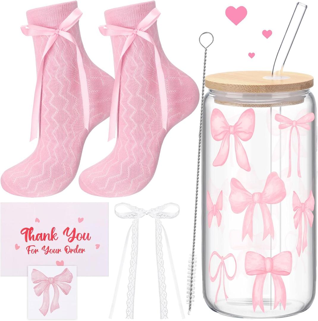 6 Pcs Valentine's Day Glass Cup Gift Pink Bow Gift Set 16 oz Coquette Pink Bow Glass Cup with Lids and Straws Cute Coquette Stuff for Women Sister Bride Friend Party Favor