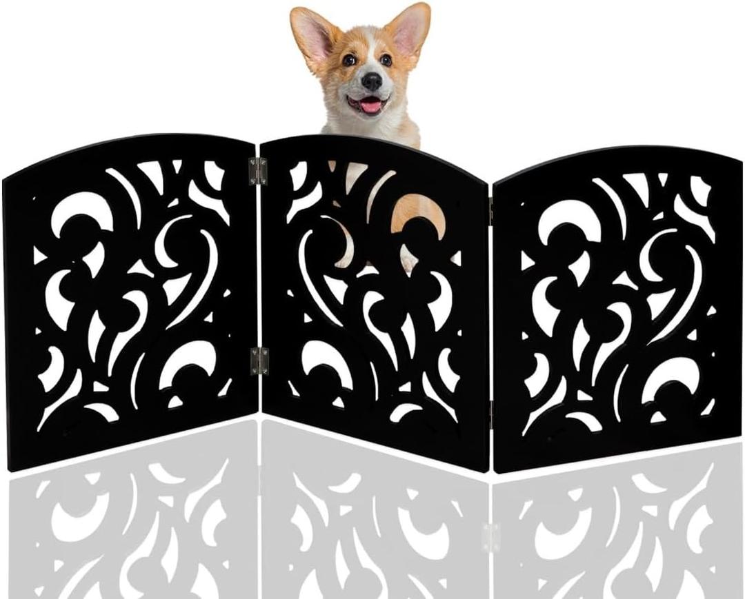 Safety Pet Gate for Dogs  Free-Standing & Foldable - Decorative Scroll Wooden Fence Barrier  Stairs & Doorways (Black)