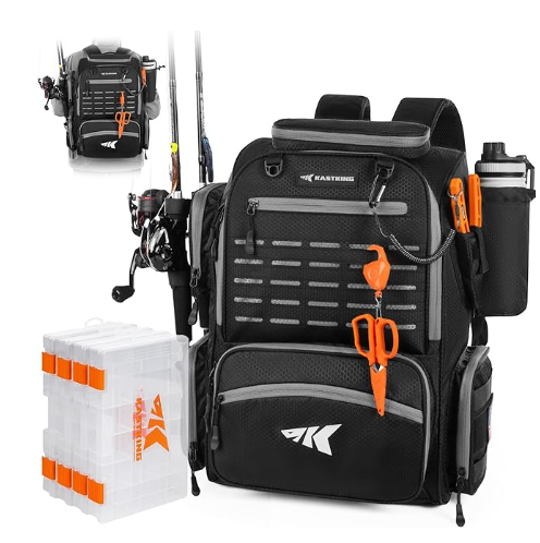 KastKing Bait Boss Fishing Tackle Backpack with Rod Holders-4 Tackle Boxes-Rain Cover,45/43L Large Storage for Fishing Gear