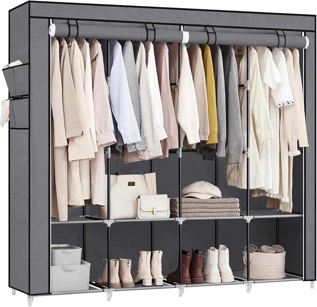 SONGMICS Portable Closet, Wardrobe Closet Organizer with Cover, 4 Hanging Rods and Shelves, 4 Side Pockets, 66.9 x 17.7 x 65.7 Inches, Large Capacity for Bedroom, Living Room, Gray URYG094G02 (Grey)