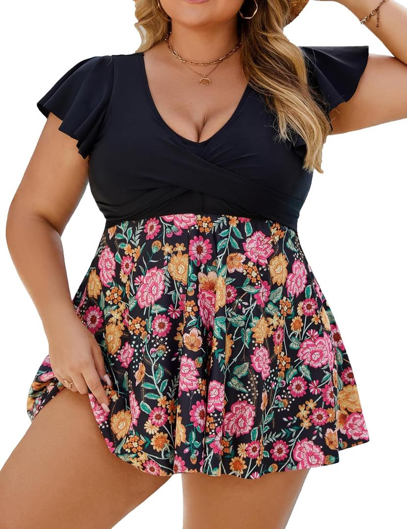 Edelqual Women's Plus Size Tankini Swimsuits Swim Dress Tummy Control Bathing Suits Two Piece High Waisted Swimwear 2025 (X-Large Plus, Black and Floral)