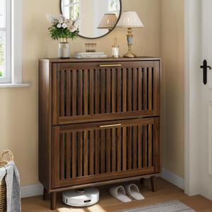 Shoe Storage Cabinet with 2 Flip Louvered Drawers, Narrow Wood Shoe Cabinet with Gold Handle, Hidden Entryway Shoe Organizer for Hallway, Foyer, Walnut (31.5 W) Shoe Storage Cabinet with 2 Flip Louvered Drawers, Narrow Wood Shoe Cabinet with Gold Handle, Hidden Entryway Shoe Organizer for Hallway, Foyer, Walnut (31.5 W)