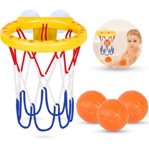 Bath Toys, Bathtub Basketball Hoop for Kids Toddlers, Bath Shower Toys for Kids, Strong Suction Cup Basketball Hoop & 3 Soft No-Hole Balls Set for Toddlers, Boys and Girls (Yellow)