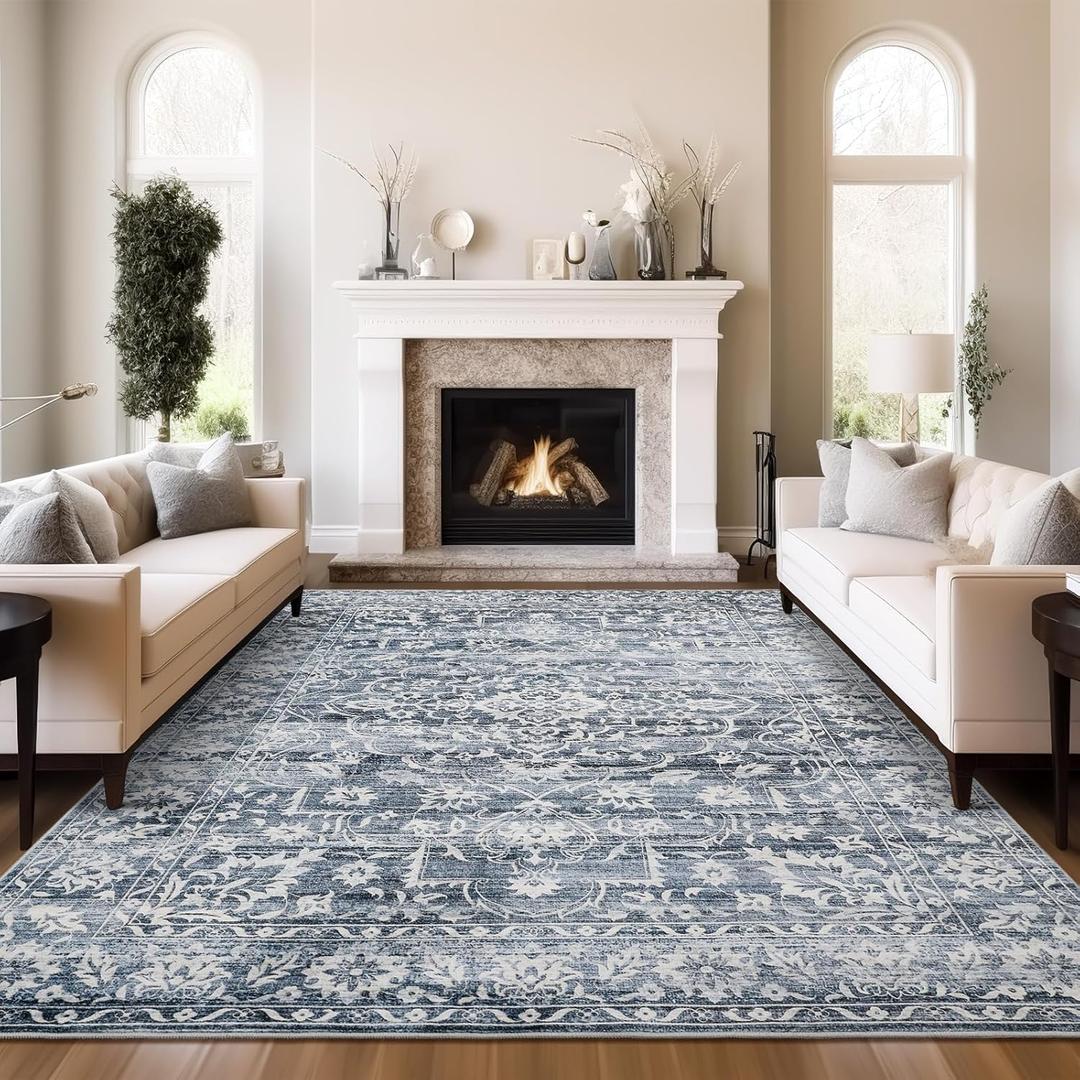 8x10 Area Rugs for Living Room, Stain Resistant Washable Rugs for Dining Room, Kitchen, Floral Vintage Non-Slip Thin Large Area Rug(Blue, 8'x10')