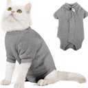 Dotoner Cat Surgery Recovery Suit for Female Male Anti-Licking Pet Surgical Pajamas Long Sleeve Prevent Shedding Cat Spay Recovery Suit&E Collar Alternative Bodysuit for Cats, L (Grey)