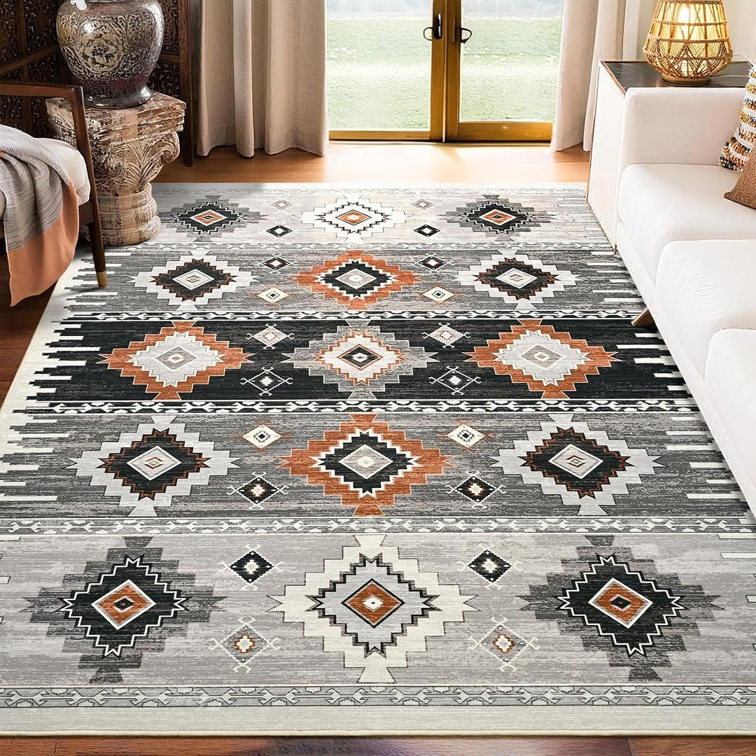 Western Rugs for Living Room, Non Slip Area Rugs for Bedroom Dining Table Kitchen, Washable Aesthetic Boho Rug for Home Decor, 5ft x 7ft, Cream, Beige, Grey, Orange