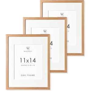 11x14 Picture Frame, 11x14 Solid Oak Frames with Mat to 8x10, 14x11 Wooden Frames for Wall, Natural Oak Wood Frame, Set of 3
