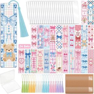 Peacoblue 121pcs Blue and Pink Bow UV DTF Acrylic Bookmark Making Kits Carft for Women Men Adult, DIY Cute Bookmarker Decal Stickers Warps Kit for Students Teachers Book Lovers Reading