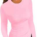 Afibi Women Ribbed Long Sleeve Crew Neck Slim Fit Stretchy Basic T Shirts Tops (Small, Pink)
