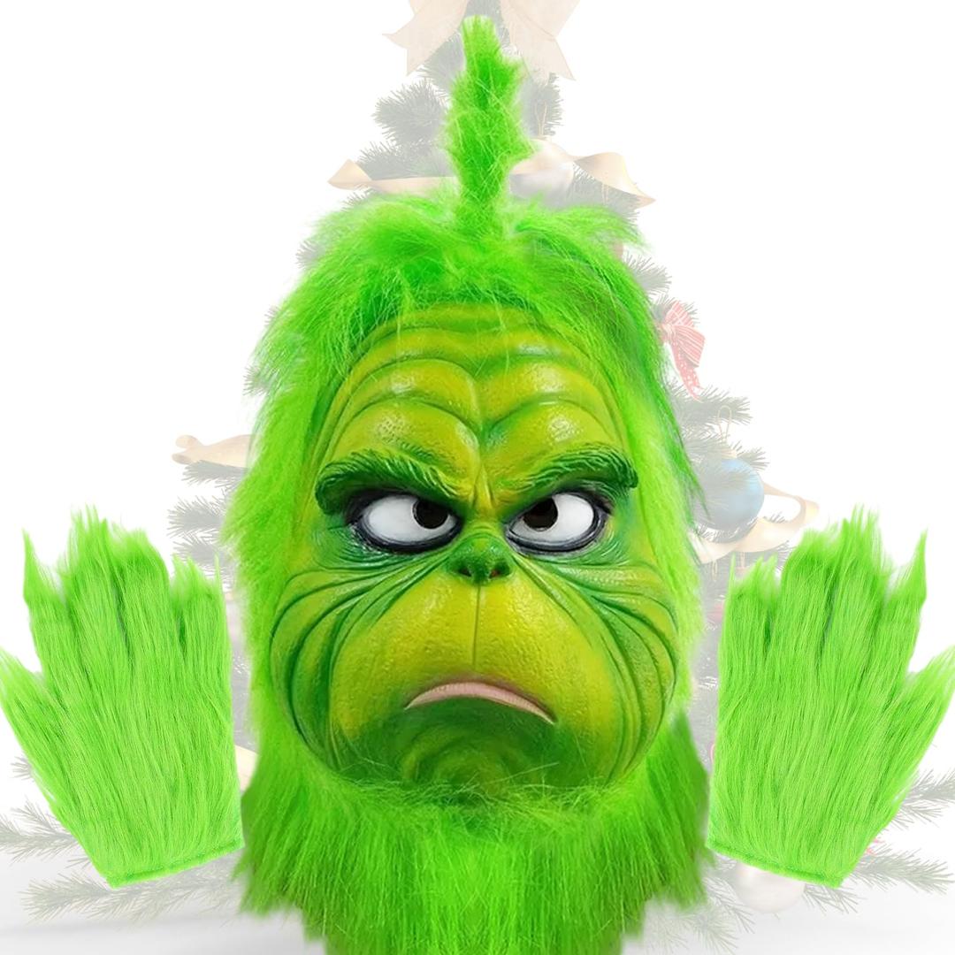 Green Monster Mask Christmas Tree Topper Decorations Office Christmas Party Decorations Cosplay Accessories Halloween Mask Costumes for Women Men with Glove