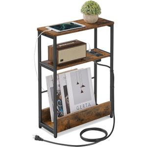 VASAGLE Side Table with Charging Station, Narrow End Table, 3-Tier Nightstand, Sofa Table for Small Spaces, Magazine Rack, for Living Room, Bedroom, Study, Rustic Brown and Ink Black ULET335K01 (Rustic Brown + Ink Black)