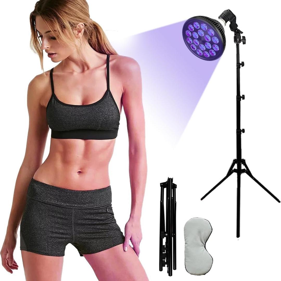 Tanning Lamp, Foldable Solarium Light Tanning Device with Eye Mask, 18Pcs LED Adjustable Stand Multiangle Irradiation Self Tanning Machine with Tripod for Face, Body